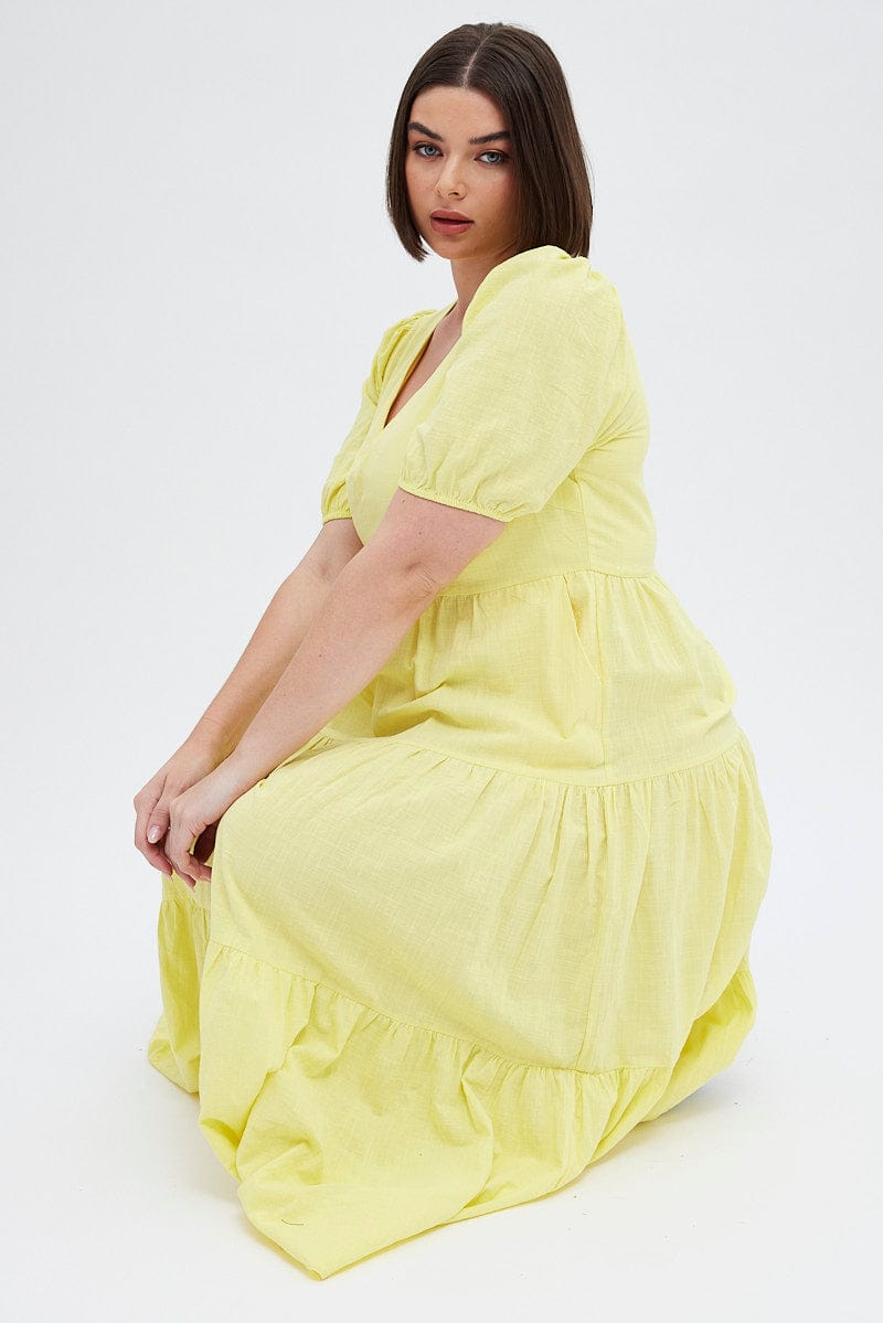 Yellow Maxi Dress Tiered Puff Sleeve V-neck