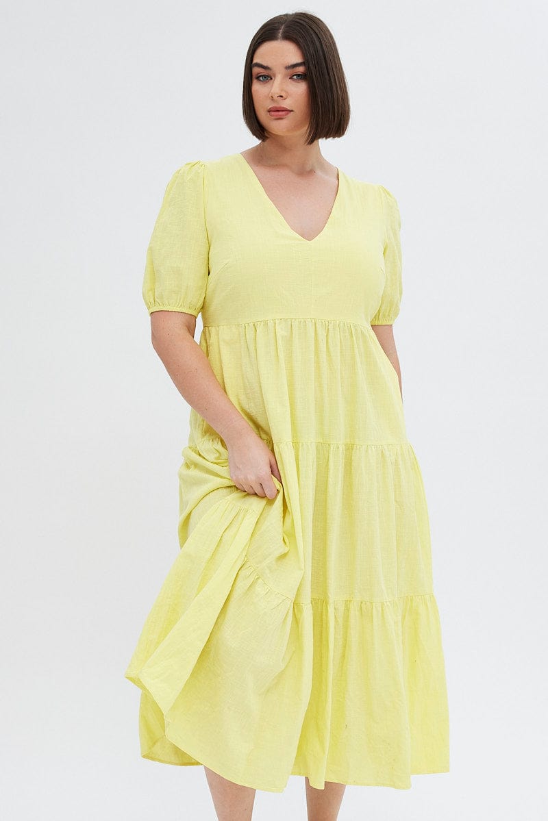 Yellow Maxi Dress Tiered Puff Sleeve V-neck