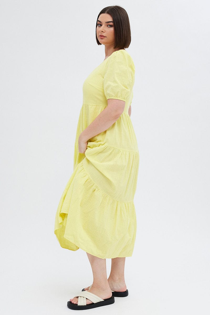 Yellow Maxi Dress Tiered Puff Sleeve V Neck for YouandAll Fashion