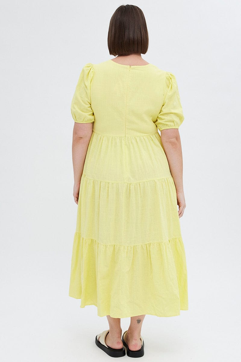 Yellow Maxi Dress Tiered Puff Sleeve V Neck for YouandAll Fashion