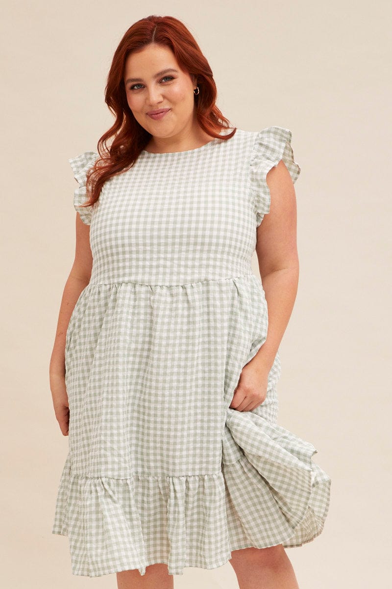 CHECK Short Sleeve Check Tiered Smock Dress