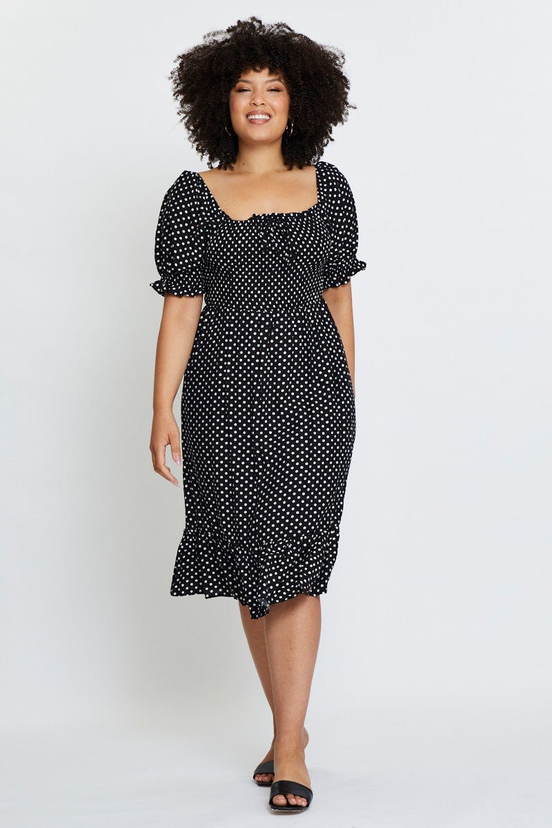 Polka Dot Skater Dress Square Neck Short Sleeve For Women By You And All