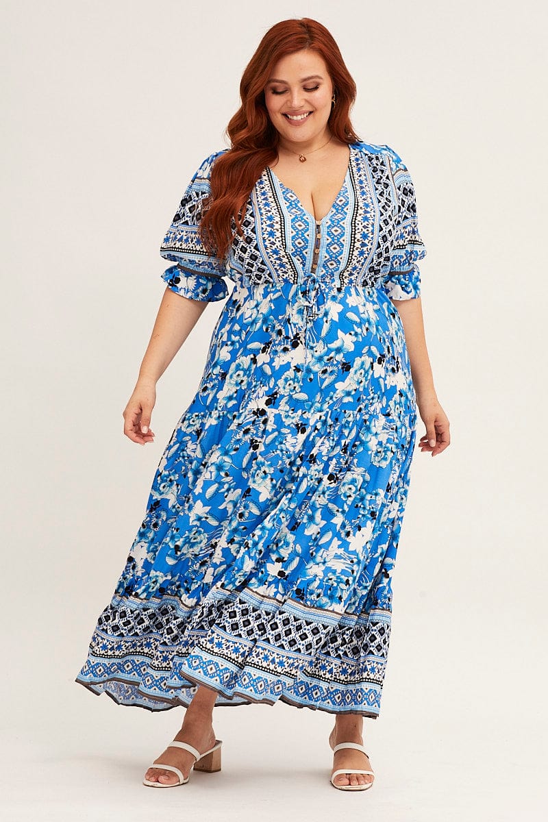 Boho Print Short Bubble Sleeve Boho Print Maxi Dress for Women by You + All