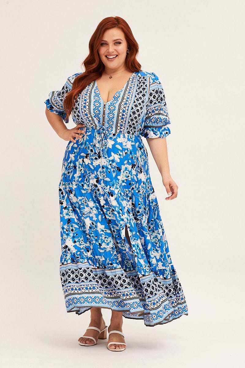 Boho Print Short Bubble Sleeve Boho Print Maxi Dress for Women by You + All