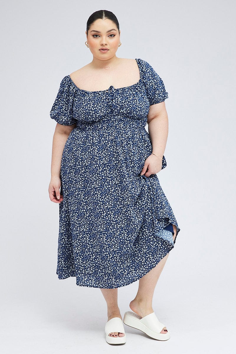 Blue Ditsy Midi Dress Short Sleeve Tiered for YouandAll Fashion