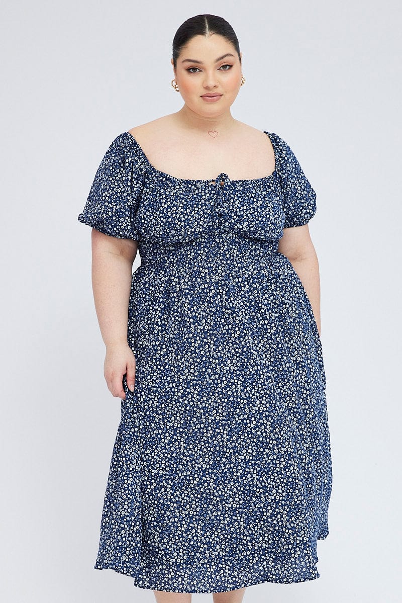 Blue Ditsy Midi Dress Short Sleeve Tiered | You & All