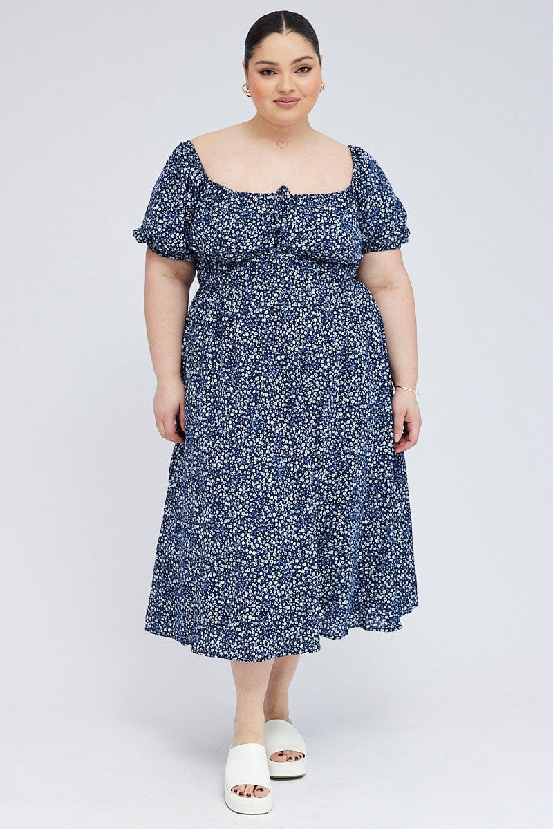Blue Ditsy Midi Dress Short Sleeve Tiered for YouandAll Fashion