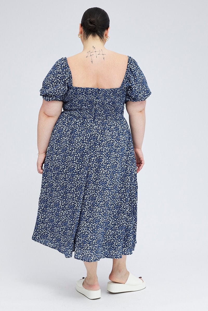 Blue Ditsy Midi Dress Short Sleeve Tiered for YouandAll Fashion