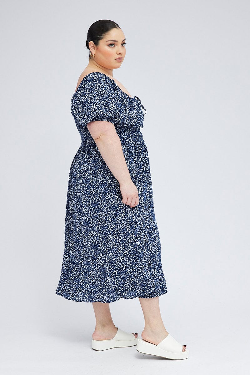 Blue Ditsy Midi Dress Short Sleeve Tiered for YouandAll Fashion