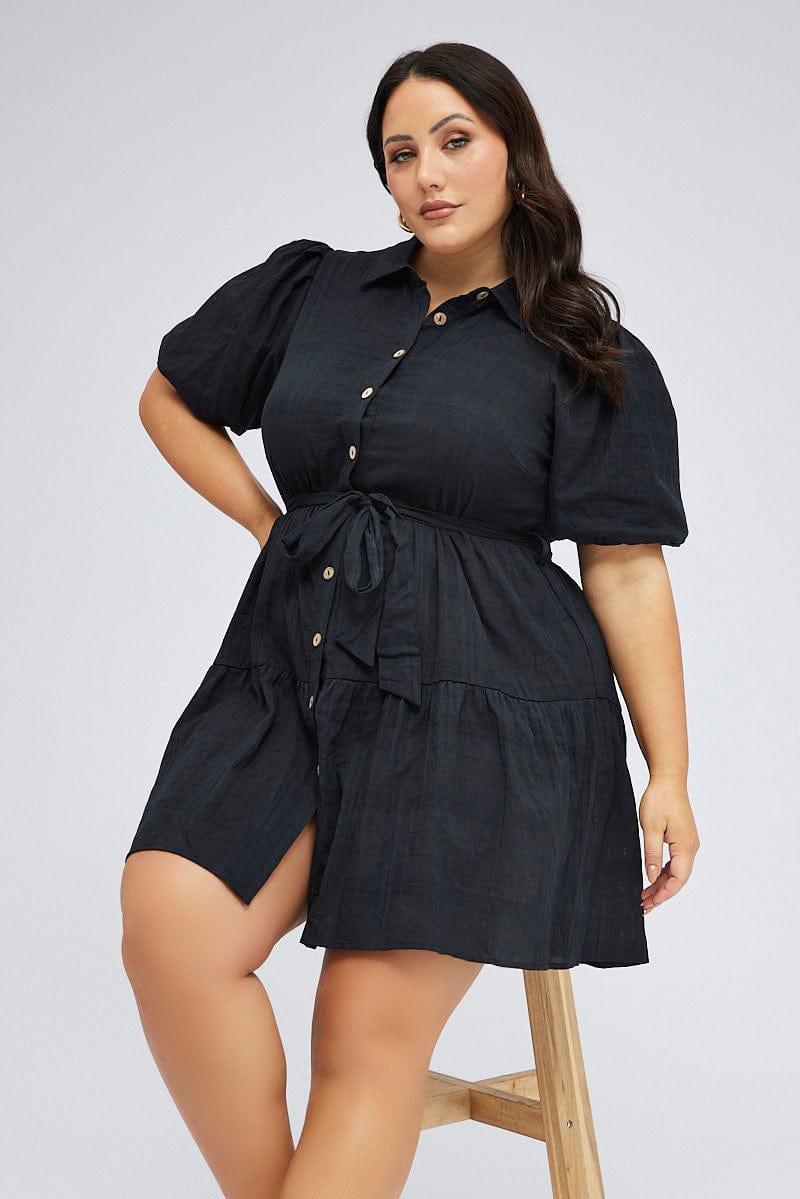 Black Shirtdress Textured Cotton Self Check Puff Sleeve for YouandAll Fashion