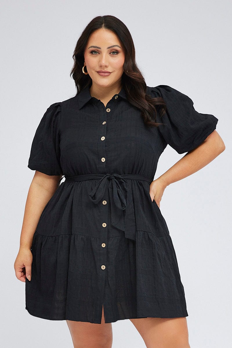 Black Shirtdress Textured Cotton Self Check Puff Sleeve for YouandAll Fashion