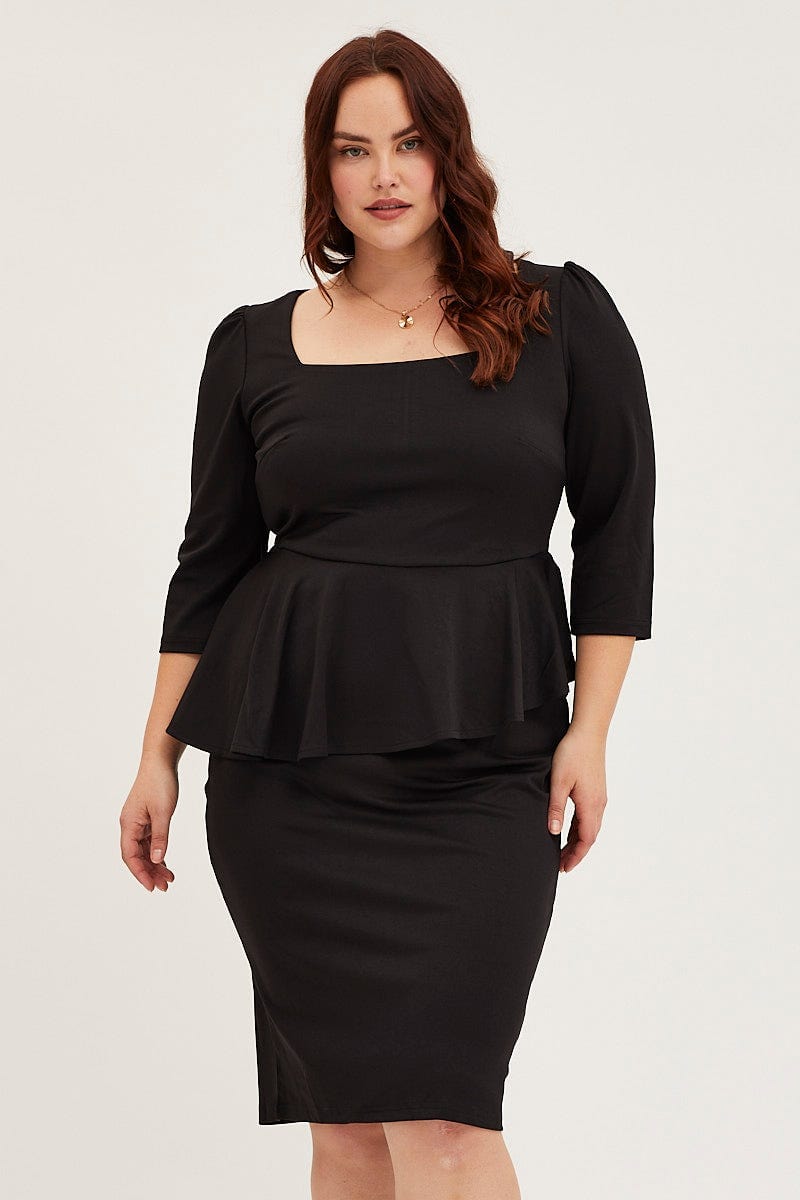 Plus Size Black Bodycon Dress Square Neck Long Sleeve Jersey
