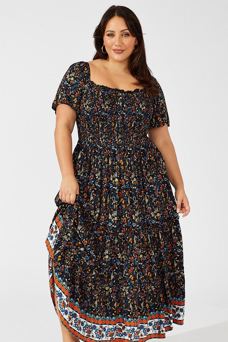 Black Boho Maxi Dress Short Sleeve Shirred Bust You & All