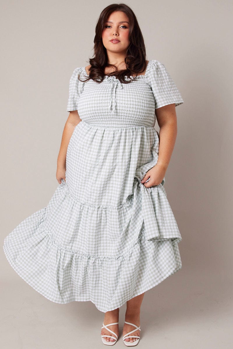 Green Check Maxi Dress Short Sleeve Shirred | You & All Green Check Maxi Dress Short Sleeve Shirred | You & All