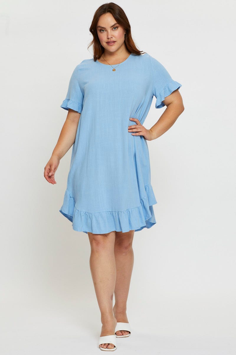 Blue Smock Dress Round Neck Short Sleeve Ruffle Hem For Women By You And All