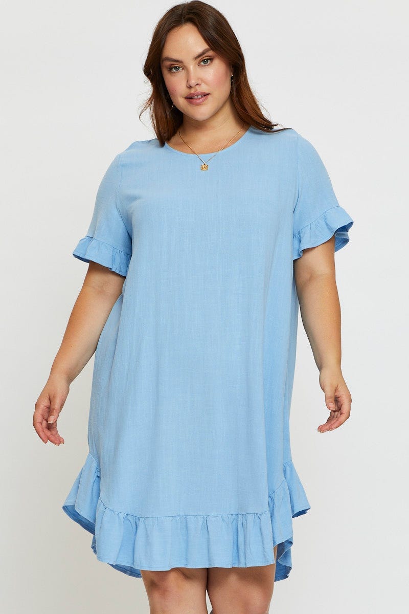 Blue Smock Dress Round Neck Short Sleeve Ruffle Hem For Women By You And All