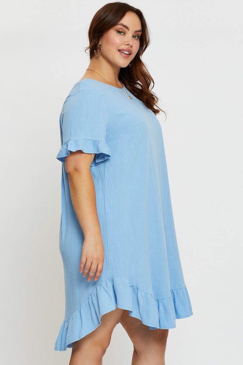 Blue Smock Dress Round Neck Short Sleeve Ruffle Hem For Women By You And All