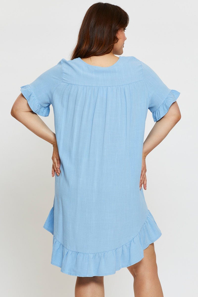 Blue Smock Dress Round Neck Short Sleeve Ruffle Hem For Women By You And All