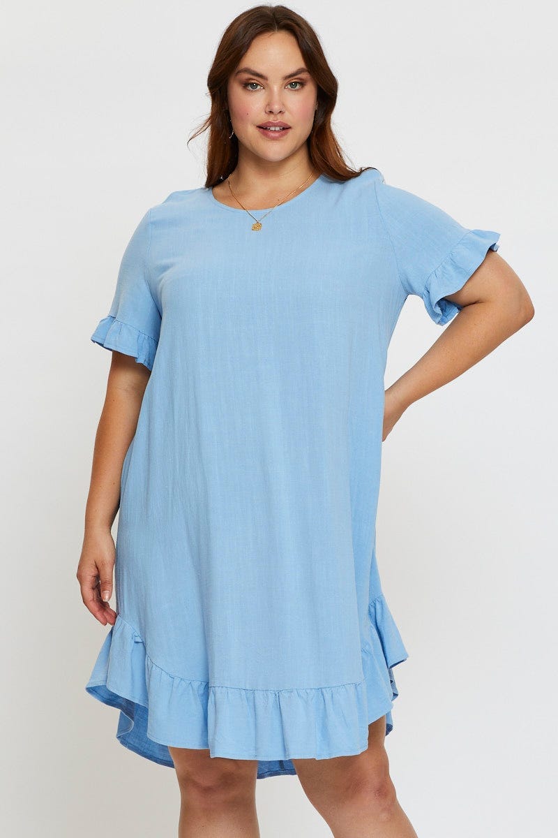 Blue Smock Dress Round Neck Short Sleeve Ruffle Hem For Women By You And All