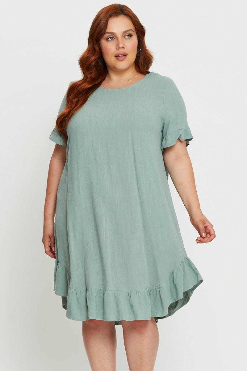 Blue Smock Dress Round Neck Short Sleeve Ruffle Hem For Women By You And All