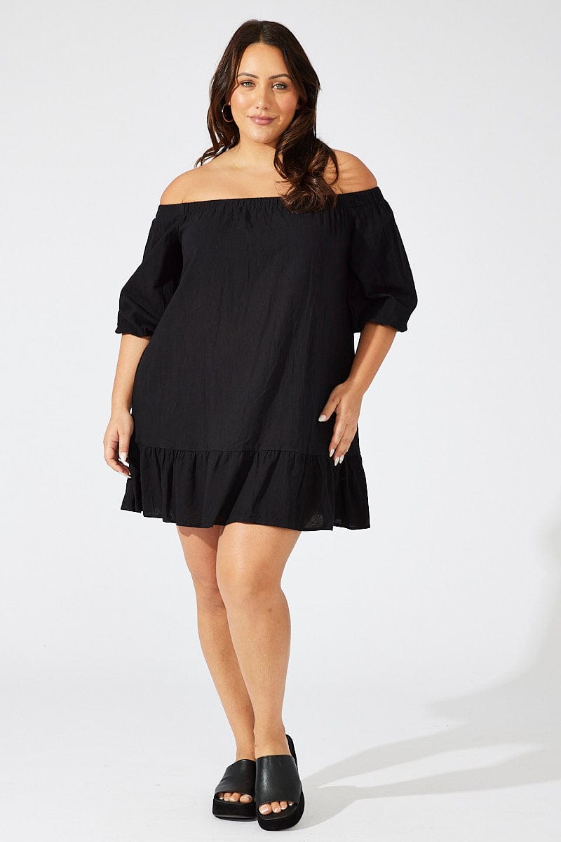 Black Off Shoulder Cotton Blend Dress for YouandAll Fashion