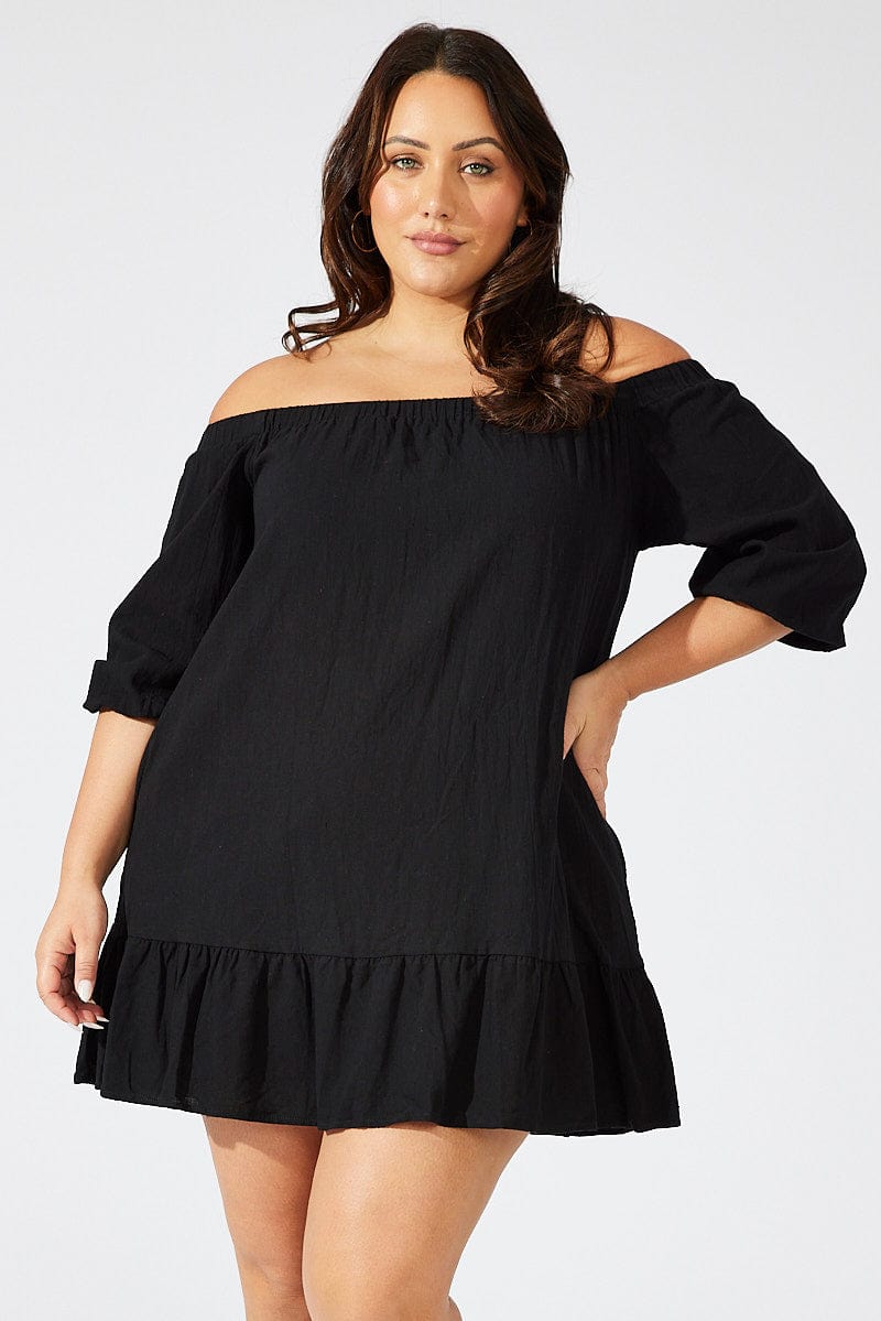 Black Off Shoulder Cotton Blend Dress | You & All Black Off Shoulder Cotton Blend Dress | You & All
