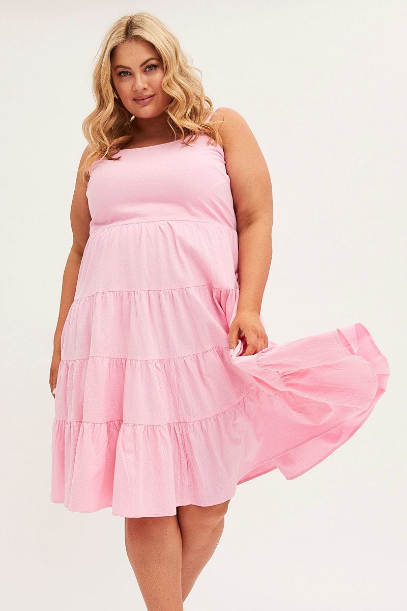 PINK Midi Dress Strappy Tiered Cotton