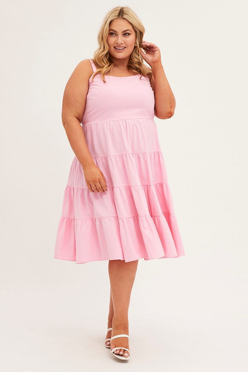 PINK Midi Dress Strappy Tiered Cotton