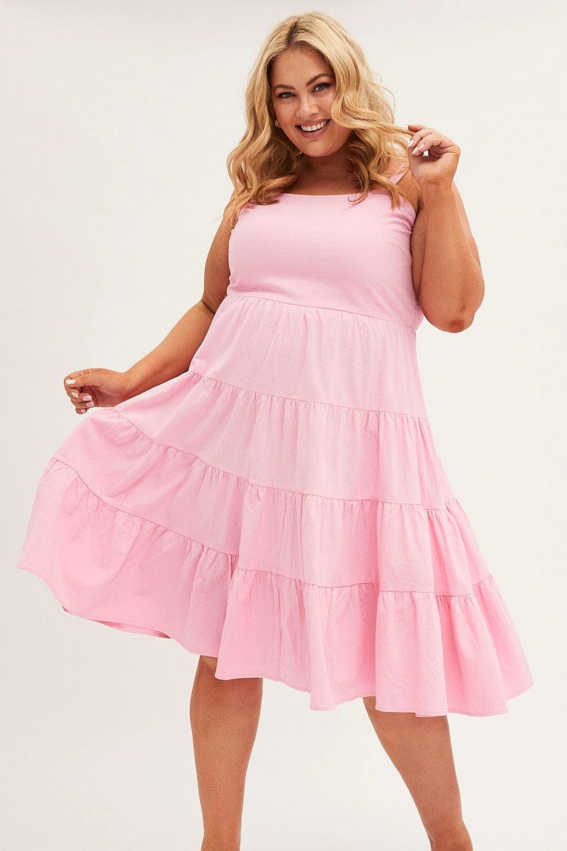 PINK Midi Dress Strappy Tiered Cotton