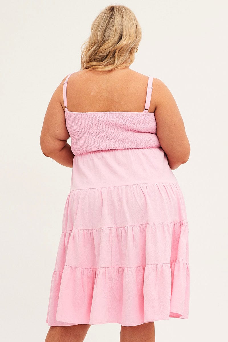 PINK Midi Dress Strappy Tiered Cotton