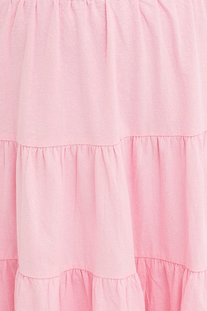 PINK Midi Dress Strappy Tiered Cotton