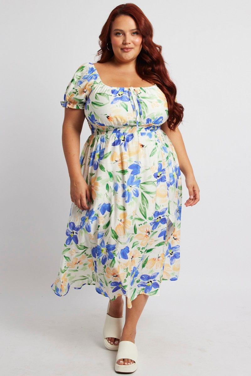 White Floral Midi Dress Short Sleeve Ruched Bust for YouandAll Fashion
