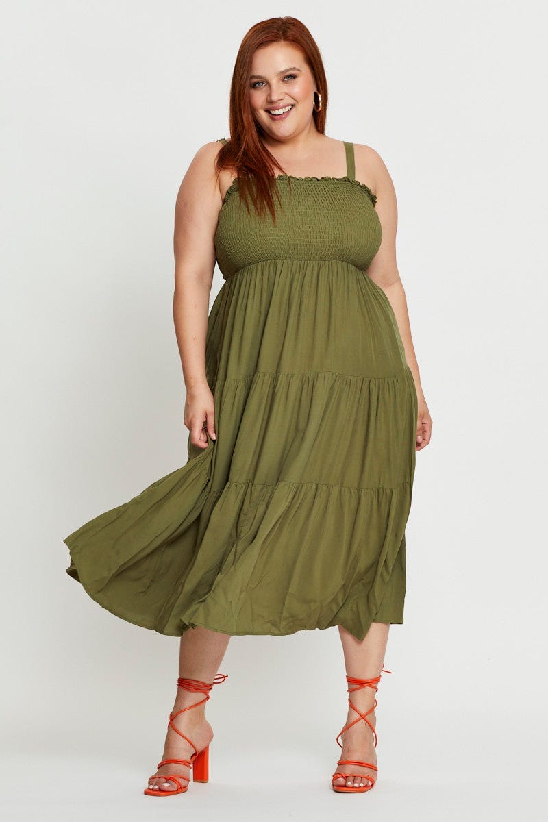 Green Midi Dress Square Neck Sleeveless For Women By You And All