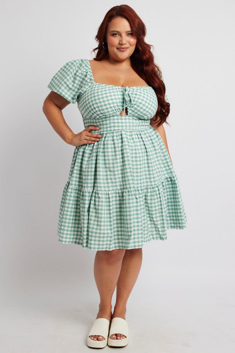 Green Check Fit and Flare Dress Short Sleeve Tiered for YouandAll Fashion