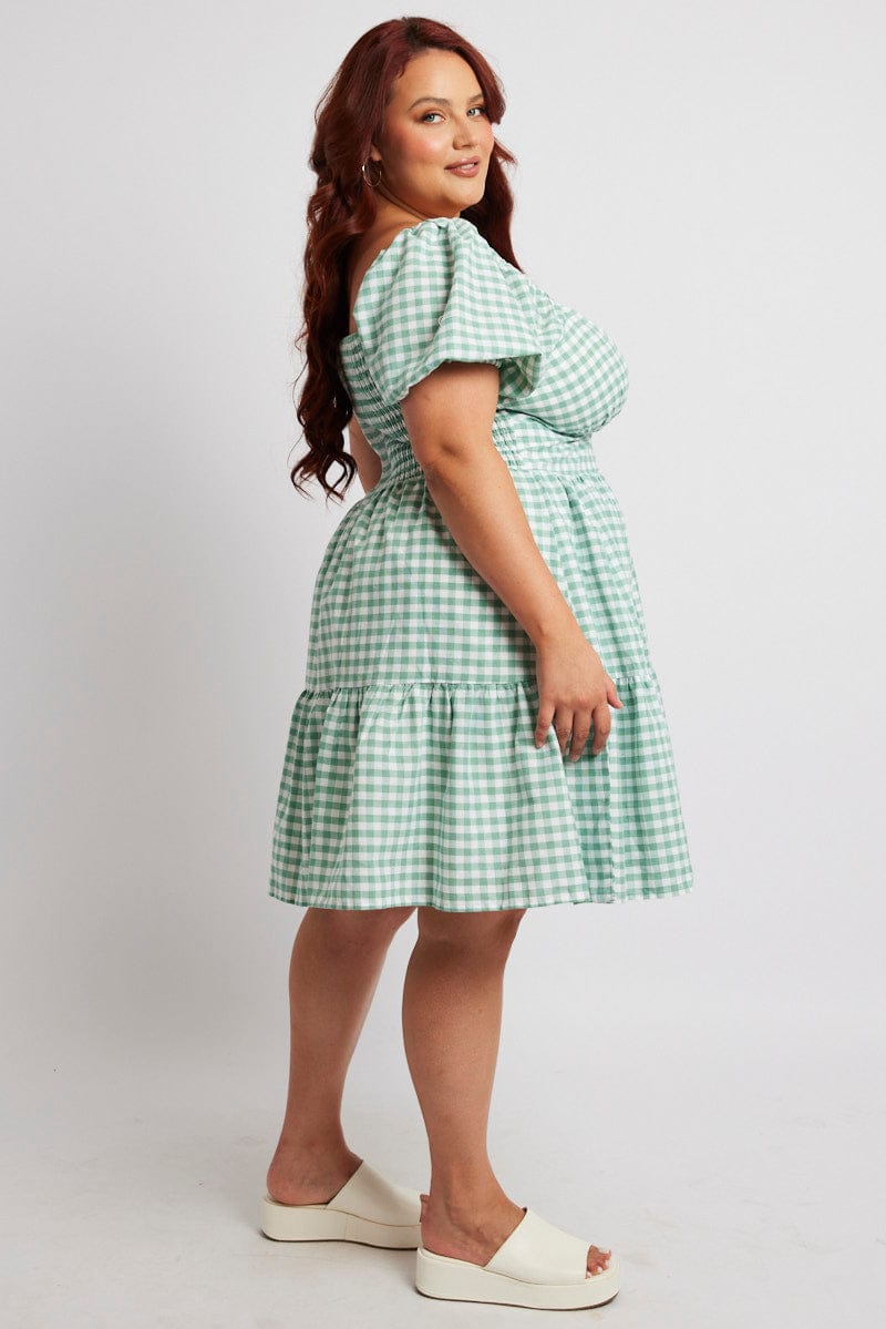 Green Check Fit and Flare Dress Short Sleeve Tiered for YouandAll Fashion