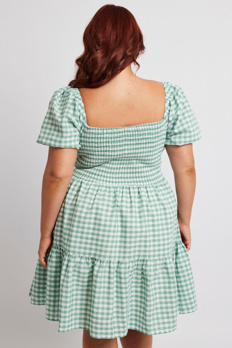 Green Check Fit and Flare Dress Short Sleeve Tiered for YouandAll Fashion