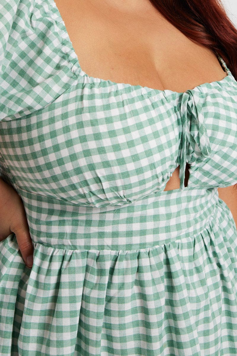 Green Check Fit and Flare Dress Short Sleeve Tiered for YouandAll Fashion