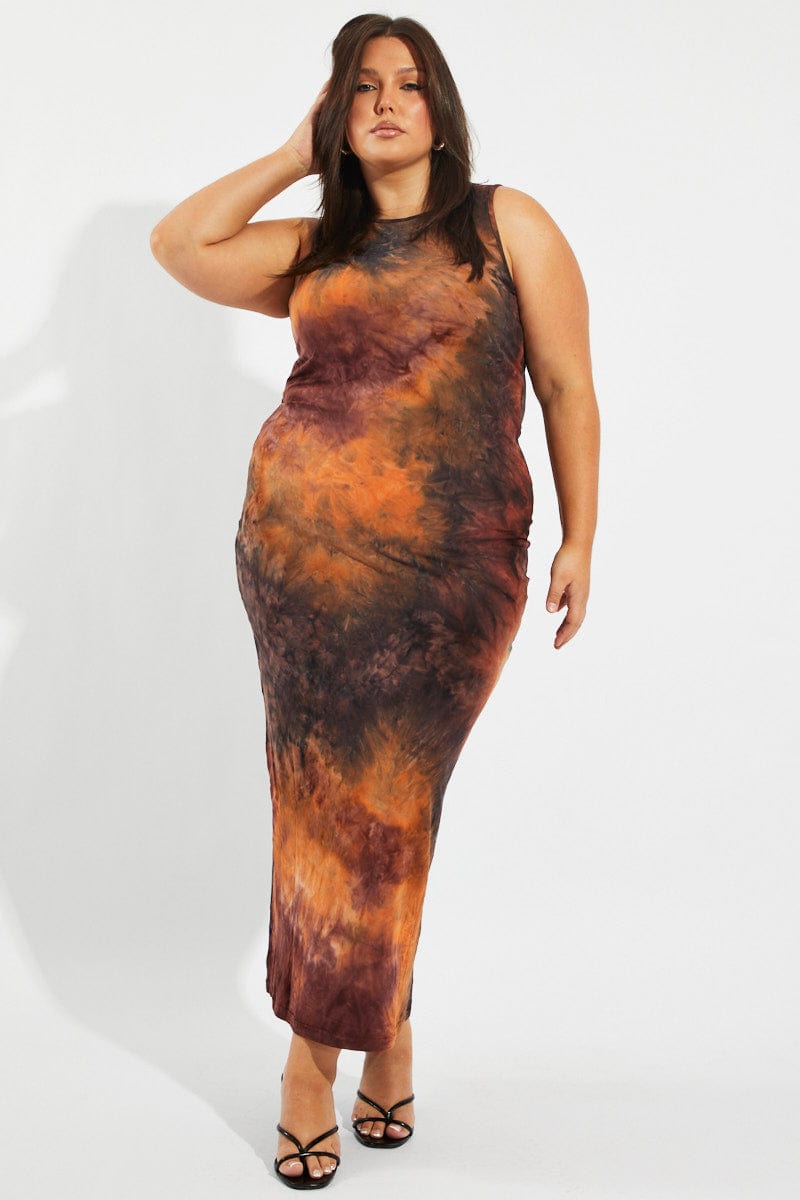 Brown Abstract Maxi Dress Sleeveless Jersey for YouandAll Fashion