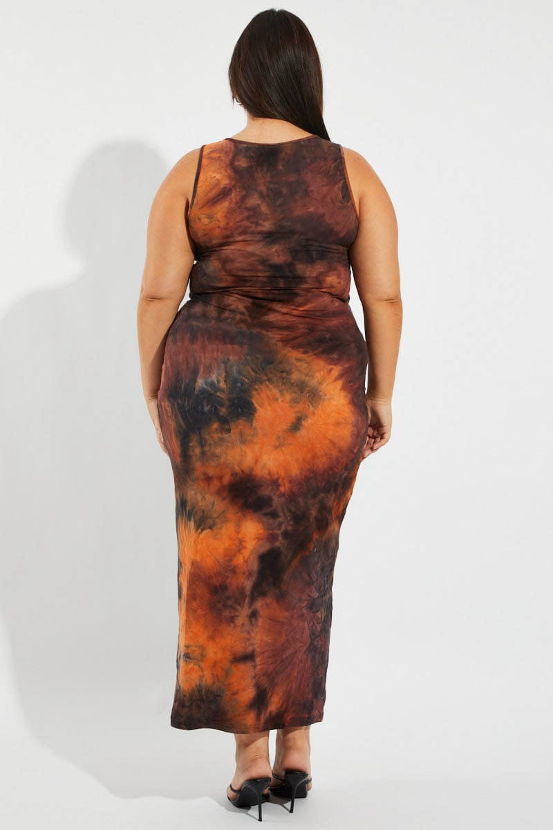 Brown Abstract Maxi Dress Sleeveless Jersey for YouandAll Fashion
