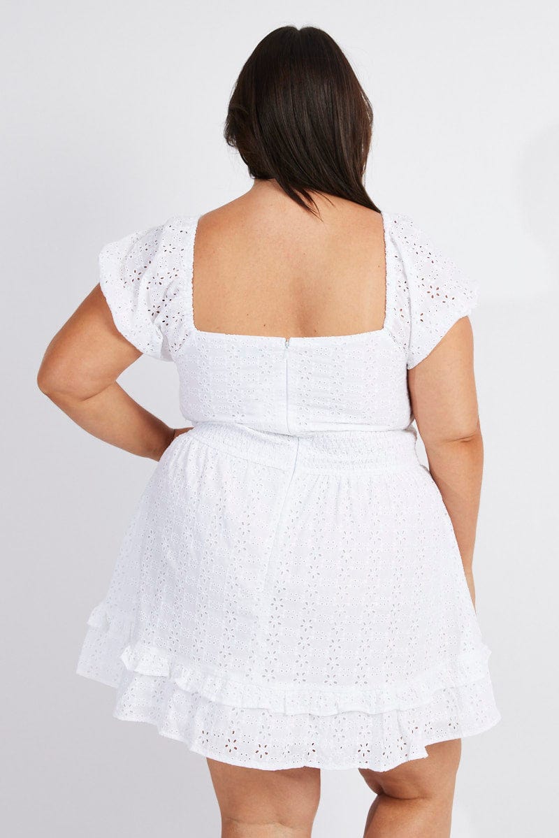 White Fit And Flare Dress Short Sleeve Embroidered