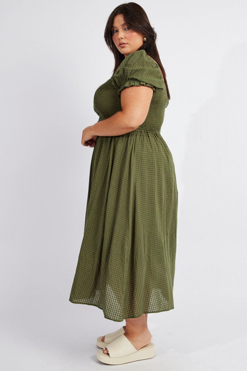 Green Midi Dress Short Sleeve Shirred Self Check for YouandAll Fashion