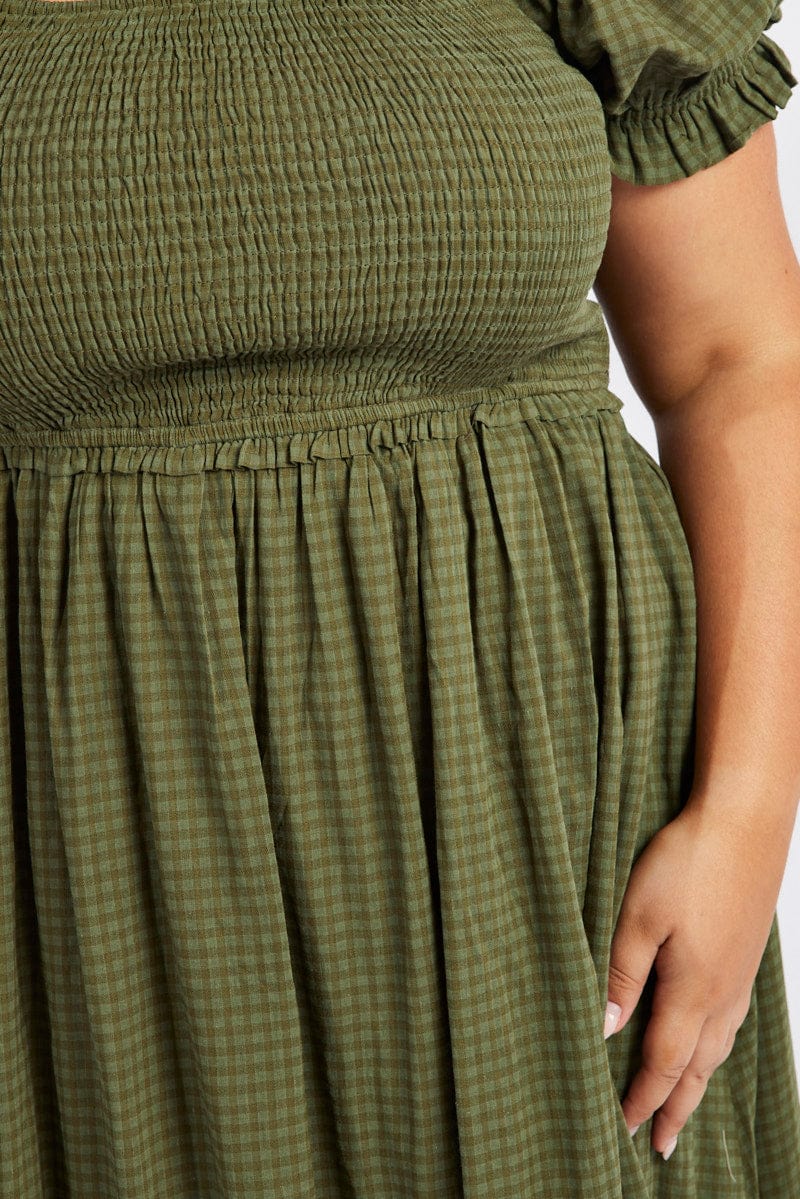 Green Midi Dress Short Sleeve Shirred Self Check for YouandAll Fashion