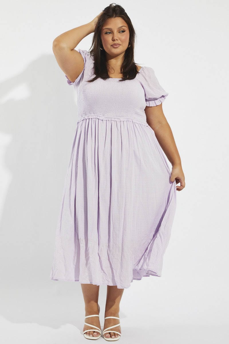 Purple Midi Dress Short Sleeve Shirred Self Check for YouandAll Fashion