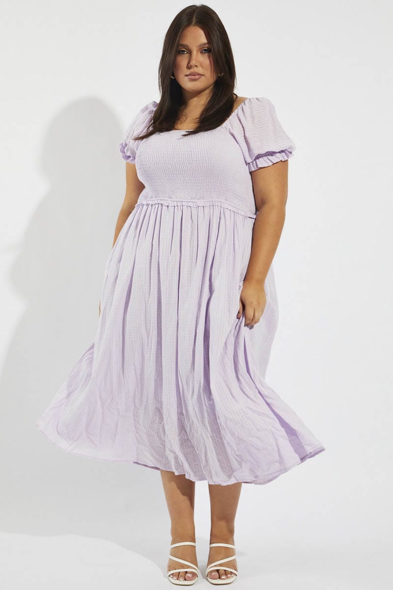 Purple Midi Dress Short Sleeve Shirred Self Check for YouandAll Fashion