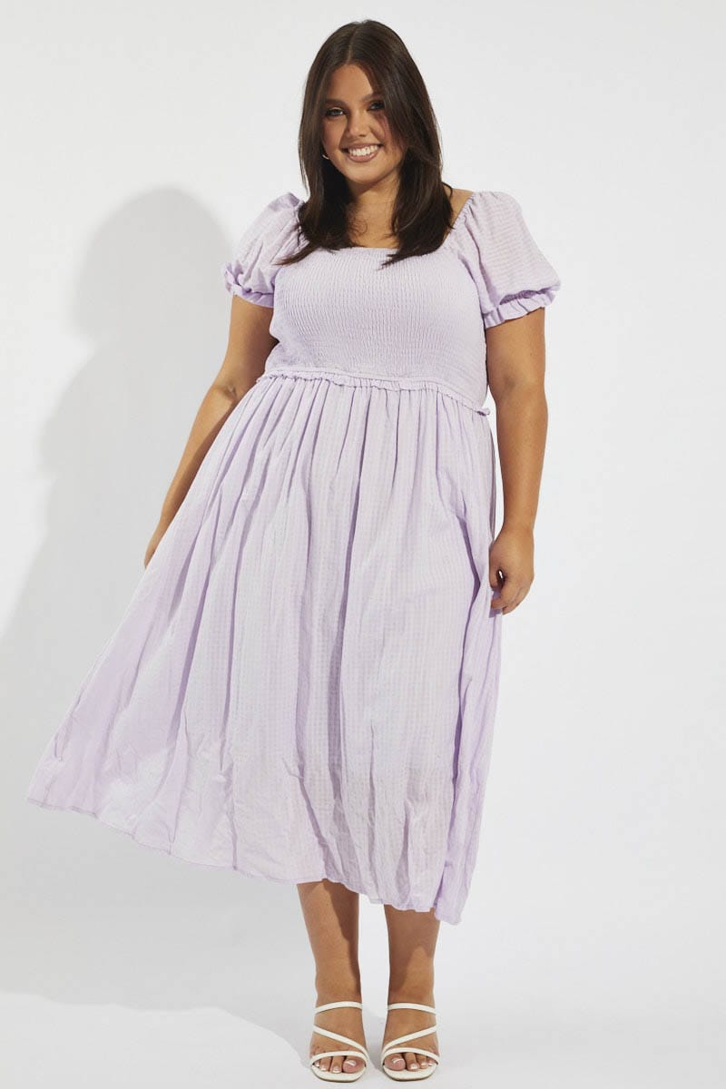 Purple Midi Dress Short Sleeve Shirred Self Check for YouandAll Fashion