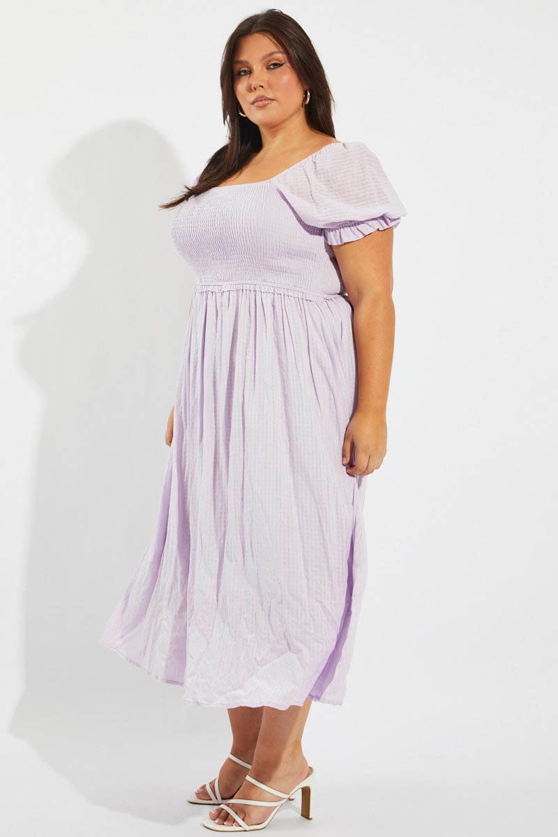 Purple Midi Dress Short Sleeve Shirred Self Check for YouandAll Fashion