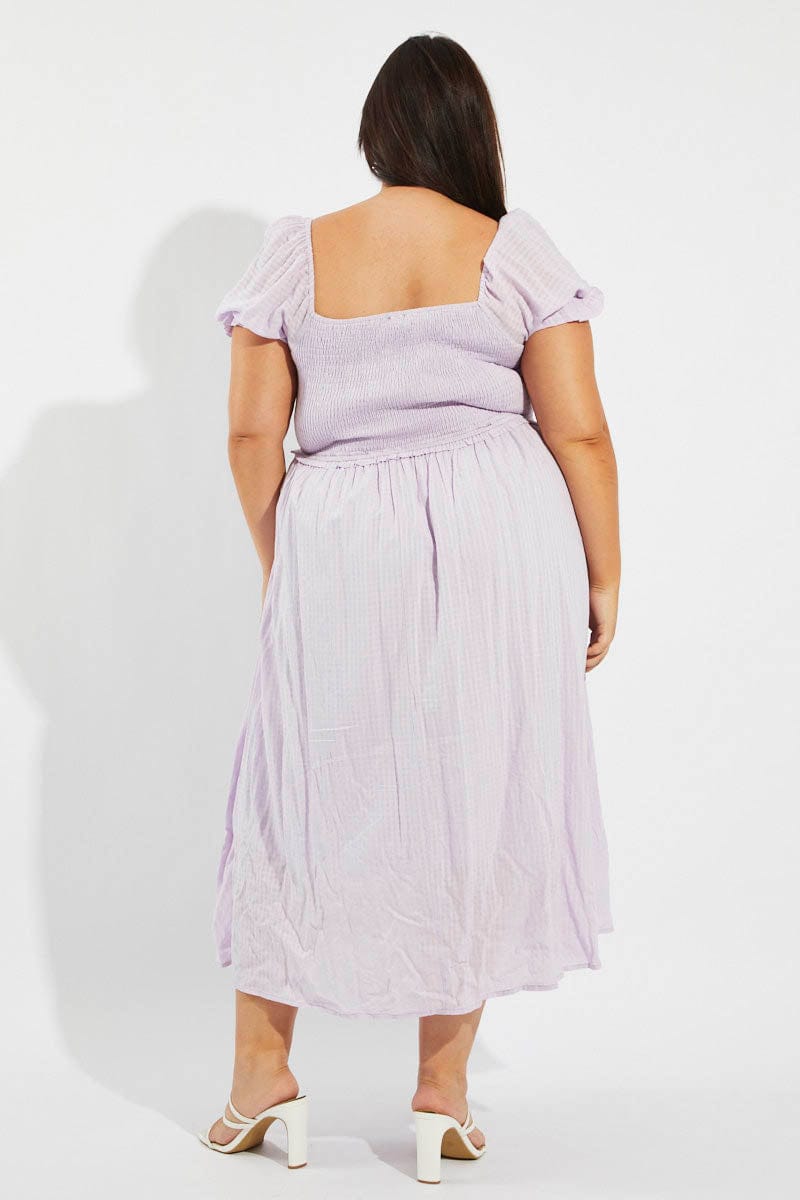 Purple Midi Dress Short Sleeve Shirred Self Check for YouandAll Fashion