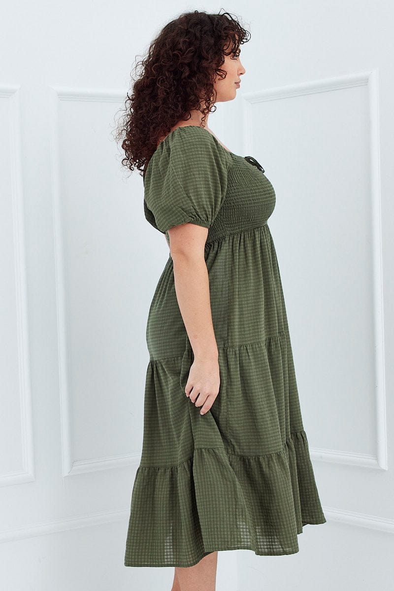 Khaki Short Sleeve Shirred Midi Dress for YouandAll Fashion