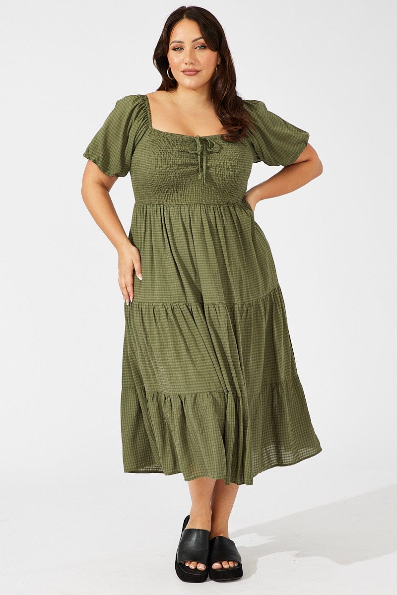 Green Midi Dress Short Sleeve Shirred for YouandAll Fashion