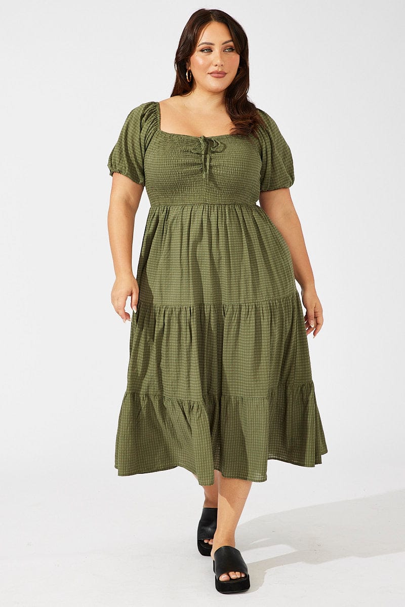 Green Midi Dress Short Sleeve Shirred for YouandAll Fashion